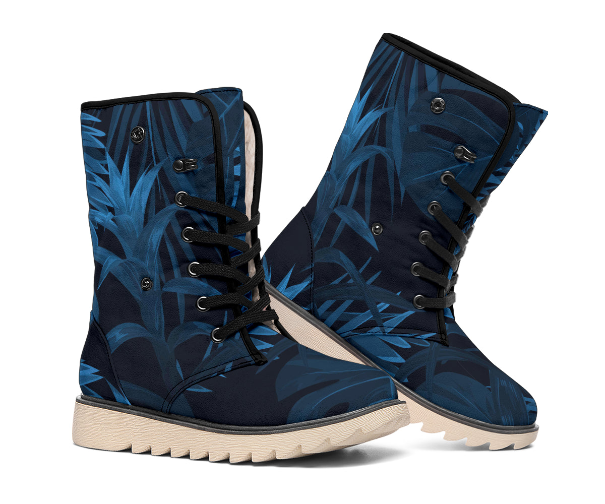 Dark Blue Tropical Leaf Pattern Print Winter Boots