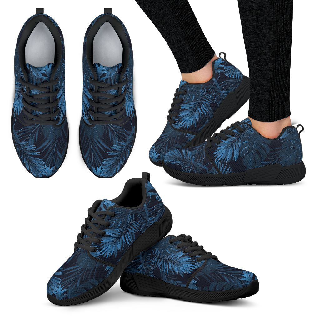 Dark Blue Tropical Leaf Pattern Print Women's Athletic Shoes