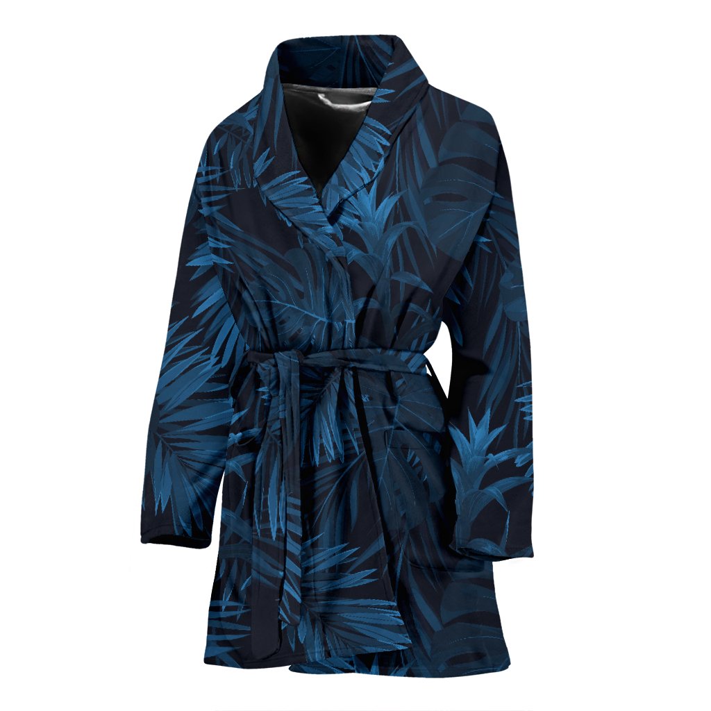 Dark Blue Tropical Leaf Pattern Print Women's Bathrobe