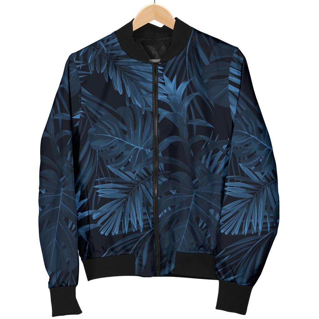 Dark Blue Tropical Leaf Pattern Print Women's Bomber Jacket