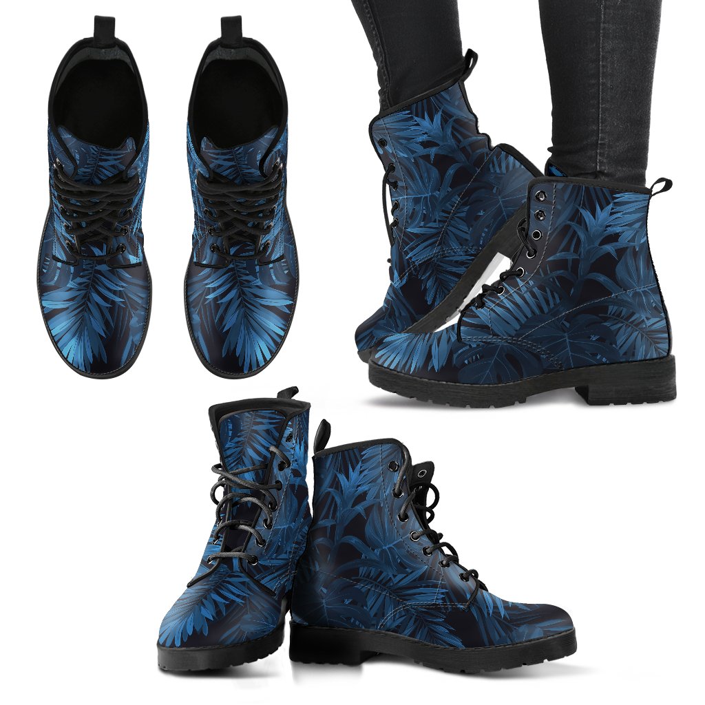 Dark Blue Tropical Leaf Pattern Print Women's Boots