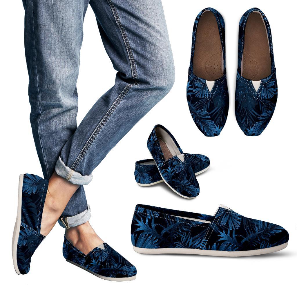 Dark Blue Tropical Leaf Pattern Print Women's Casual Canvas Shoes