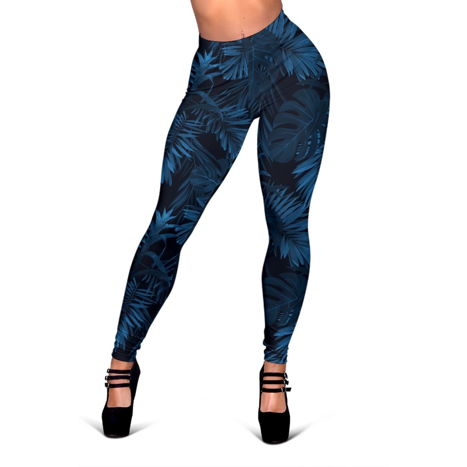 Dark Blue Tropical Leaf Pattern Print Women's Leggings