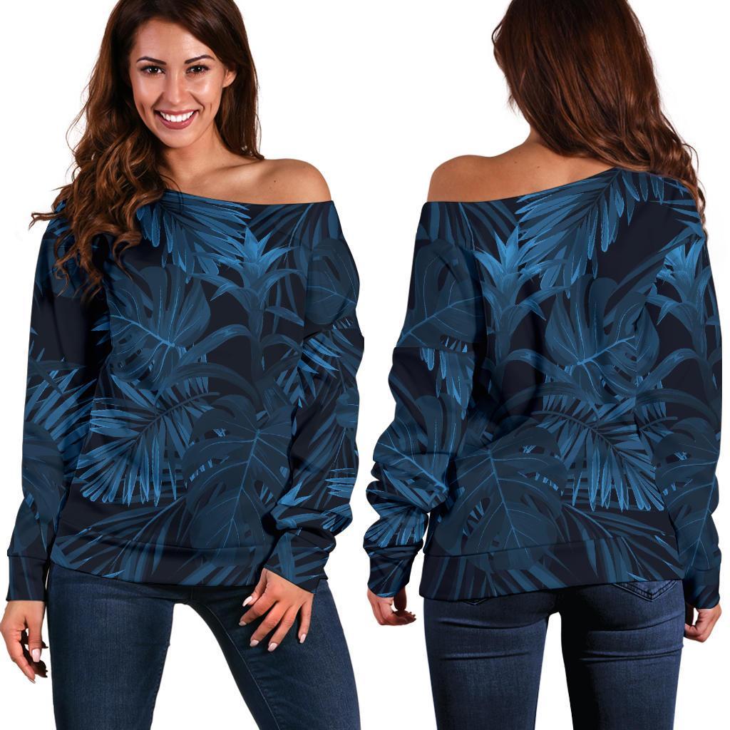 Dark Blue Tropical Leaf Pattern Print Women's Off-Shoulder Sweatshirt