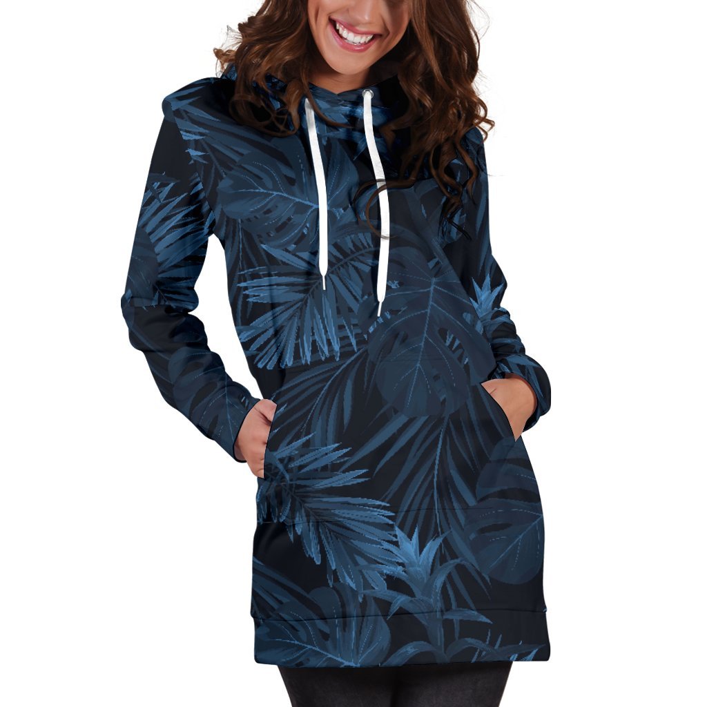 Dark Blue Tropical Leaf Pattern Print Women's Pullover Hoodie Dress