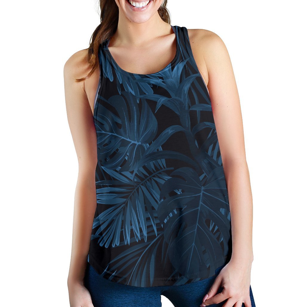 Dark Blue Tropical Leaf Pattern Print Women's Racerback Tank Top