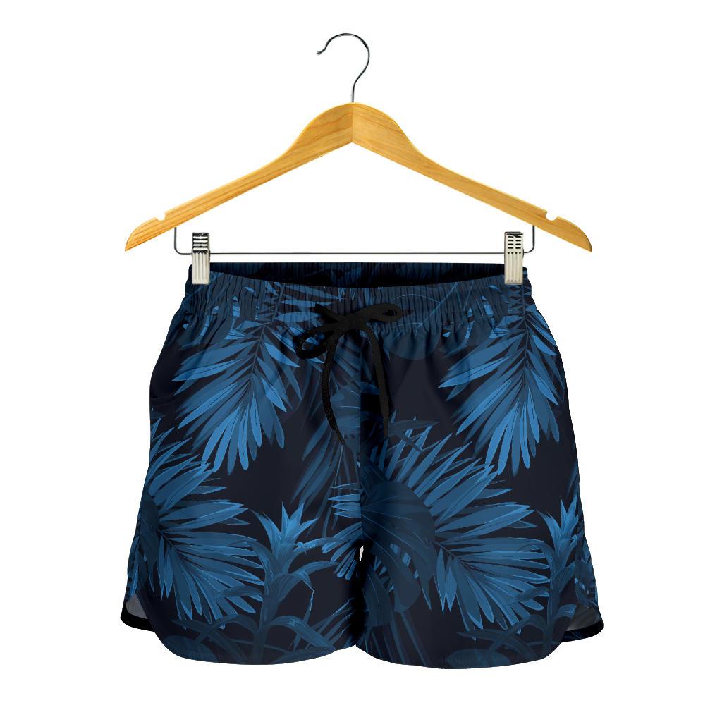 Dark Blue Tropical Leaf Pattern Print Women's Shorts