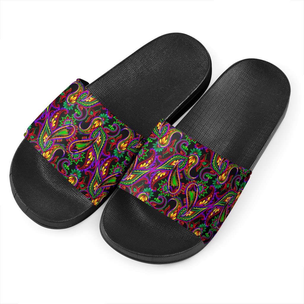 Dark Bohemian Paisley Pattern Print Black Slide Sandals