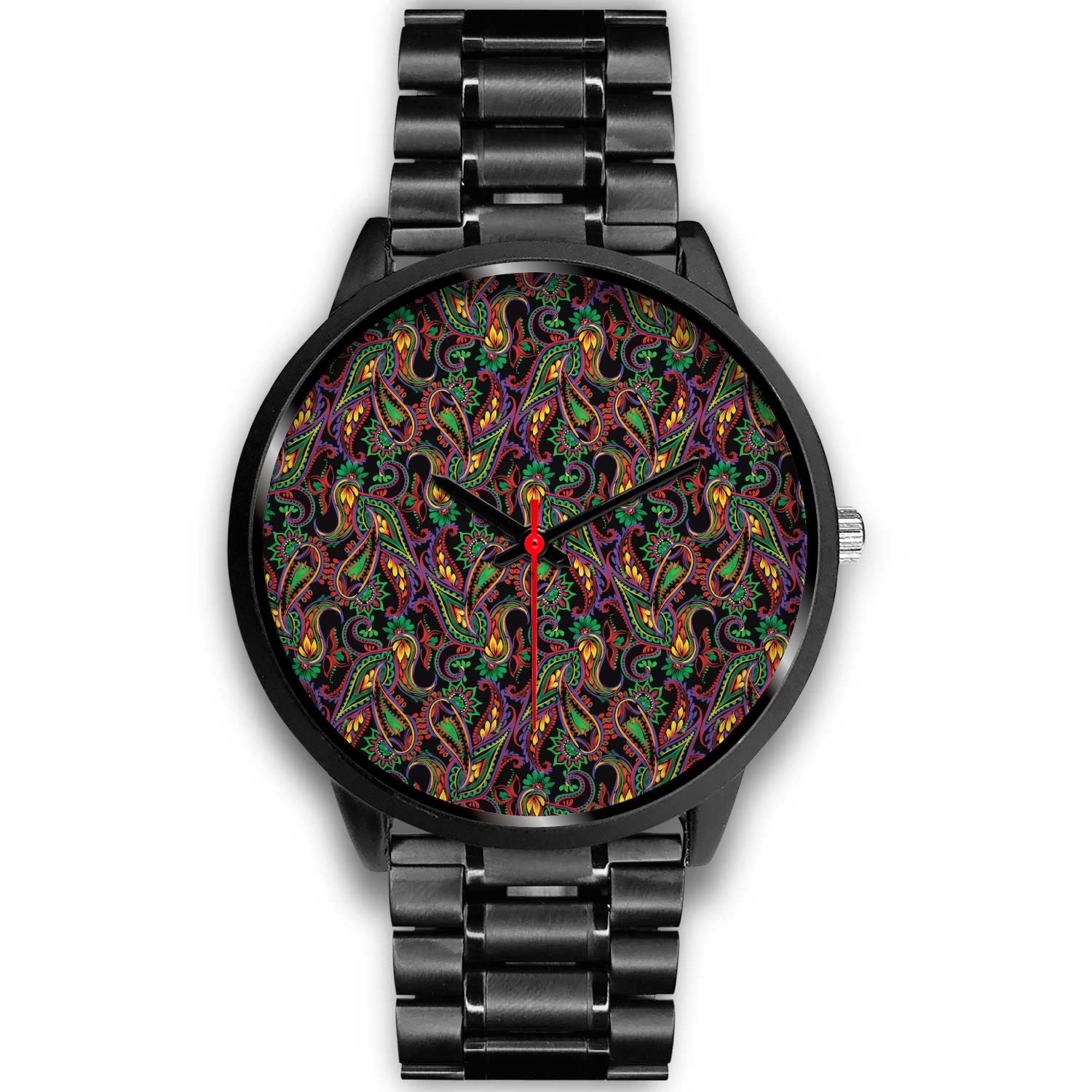 Dark Bohemian Paisley Pattern Print Black Watch