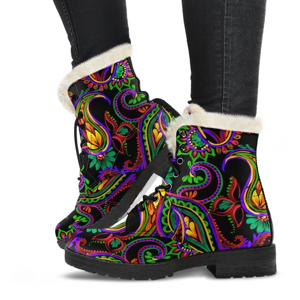 Dark Bohemian Paisley Pattern Print Faux Fur Leather Boots