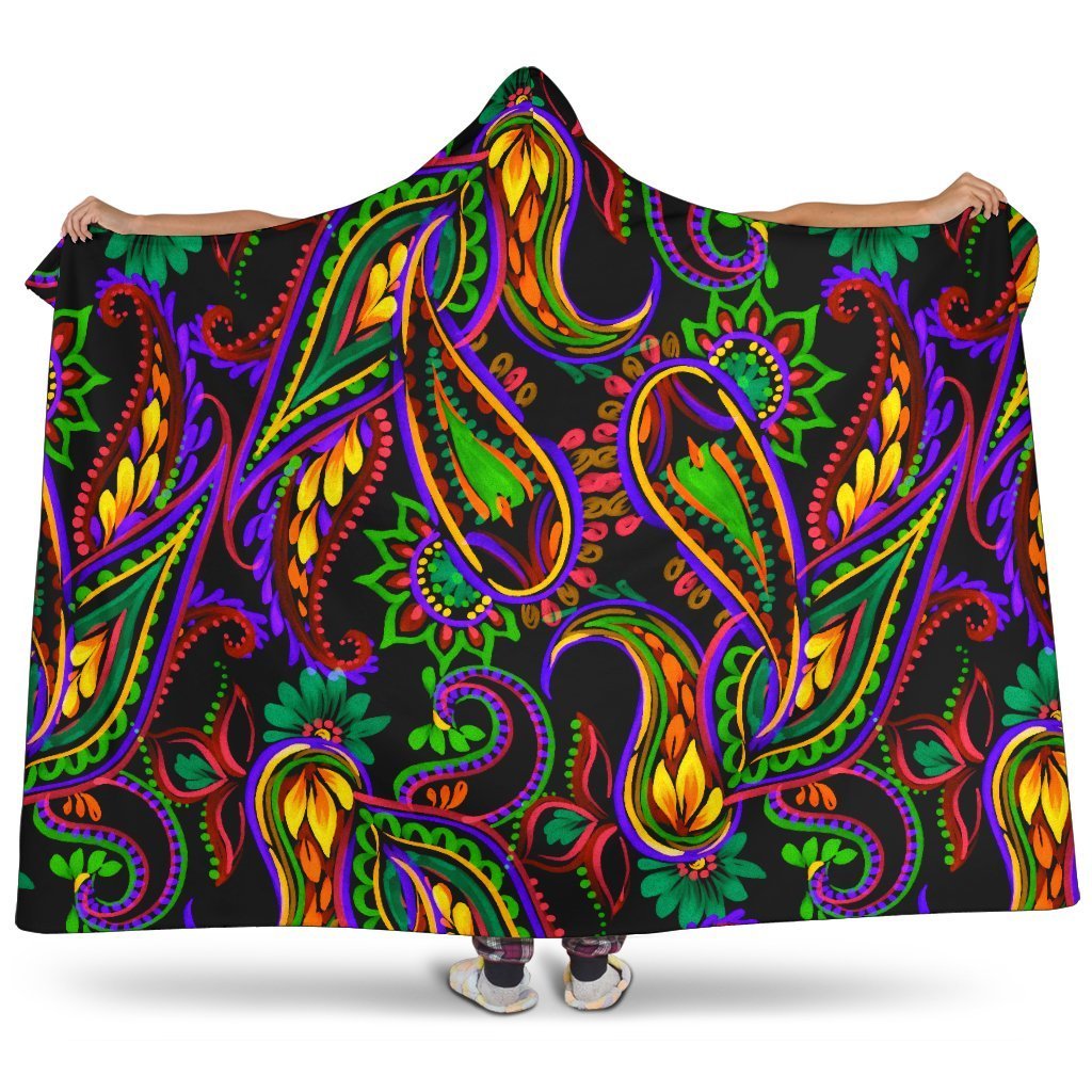 Dark Bohemian Paisley Pattern Print Hooded Blanket