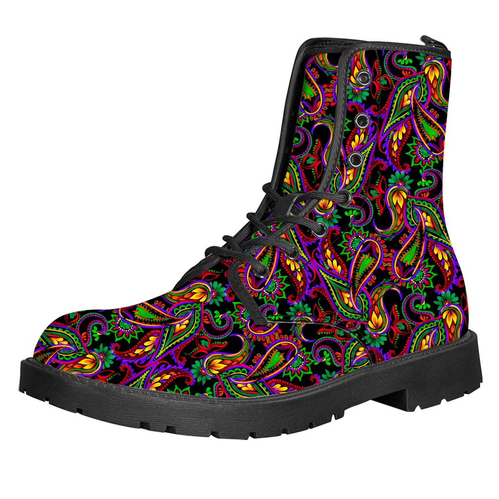 Dark Bohemian Paisley Pattern Print Leather Boots