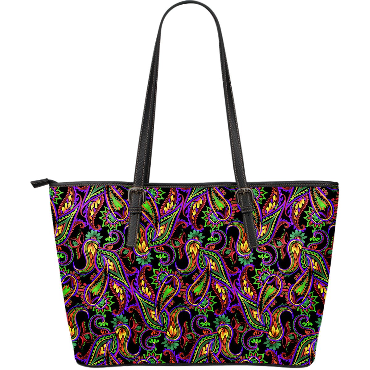 Dark Bohemian Paisley Pattern Print Leather Tote Bag