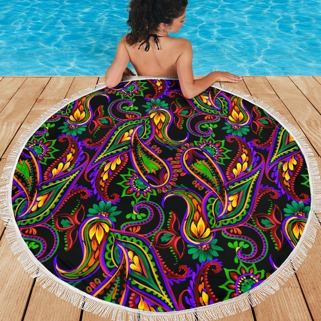 Dark Bohemian Paisley Pattern Print Round Beach Blanket