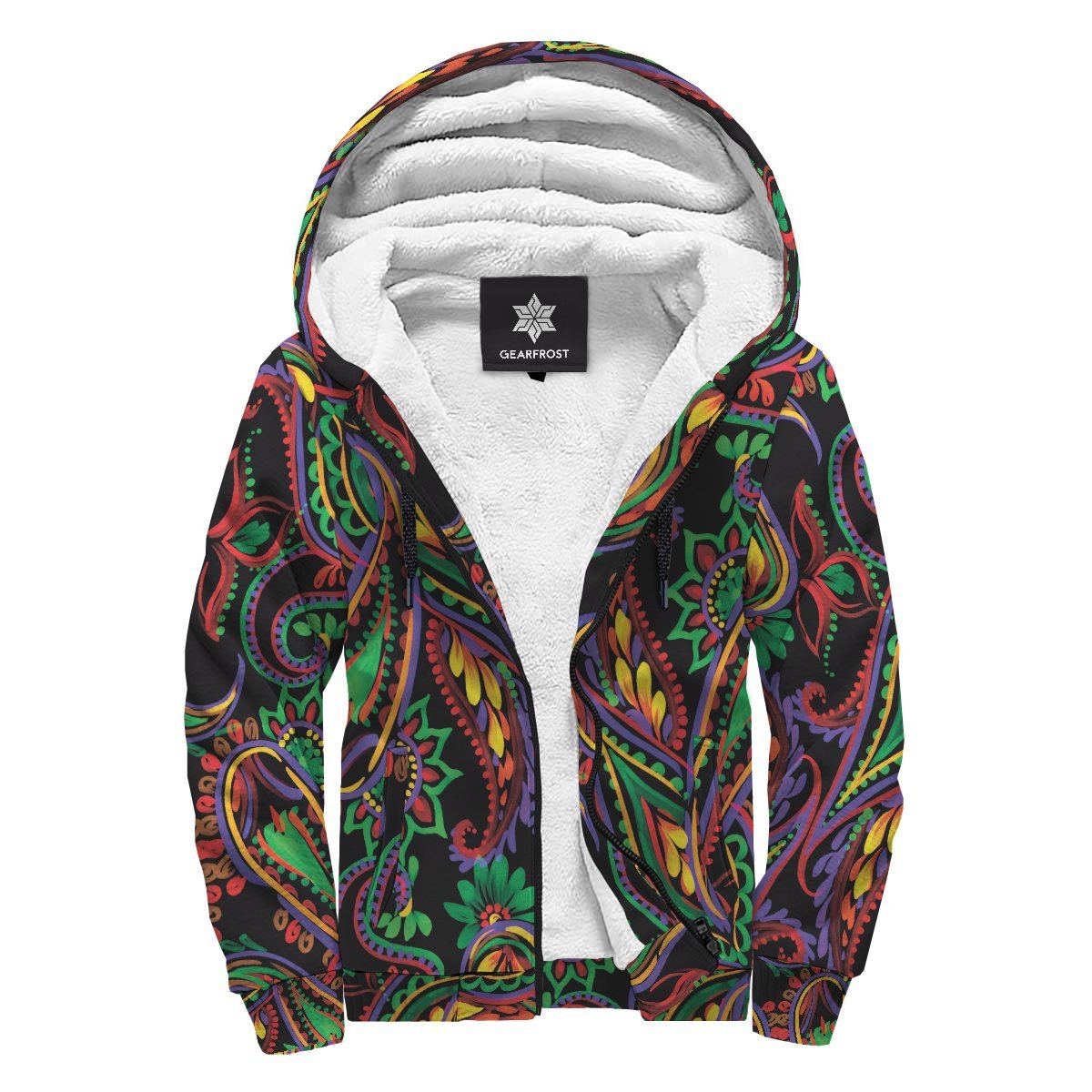 Dark Bohemian Paisley Pattern Print Sherpa Lined Fleece Hoodie