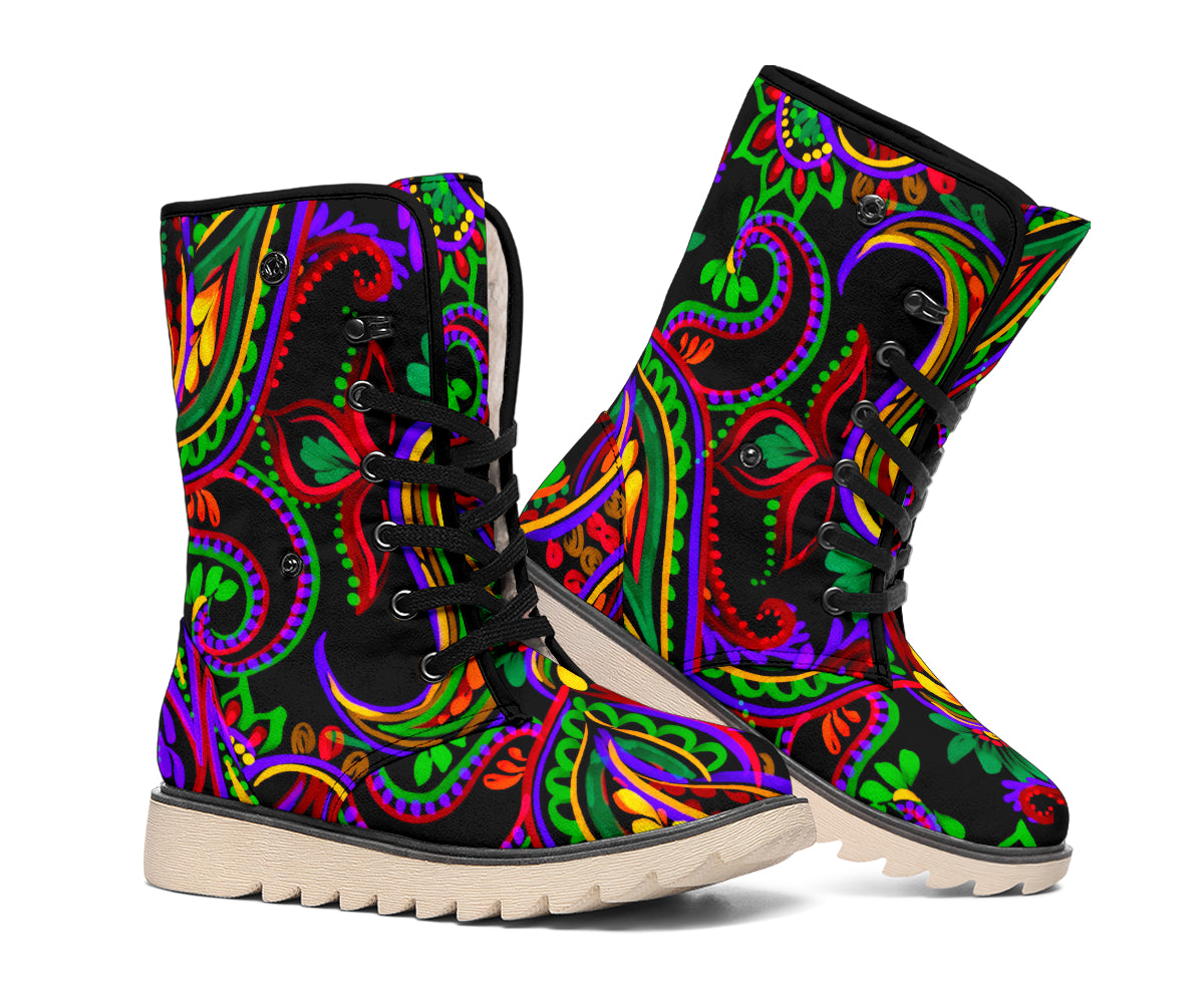 Dark Bohemian Paisley Pattern Print Winter Boots