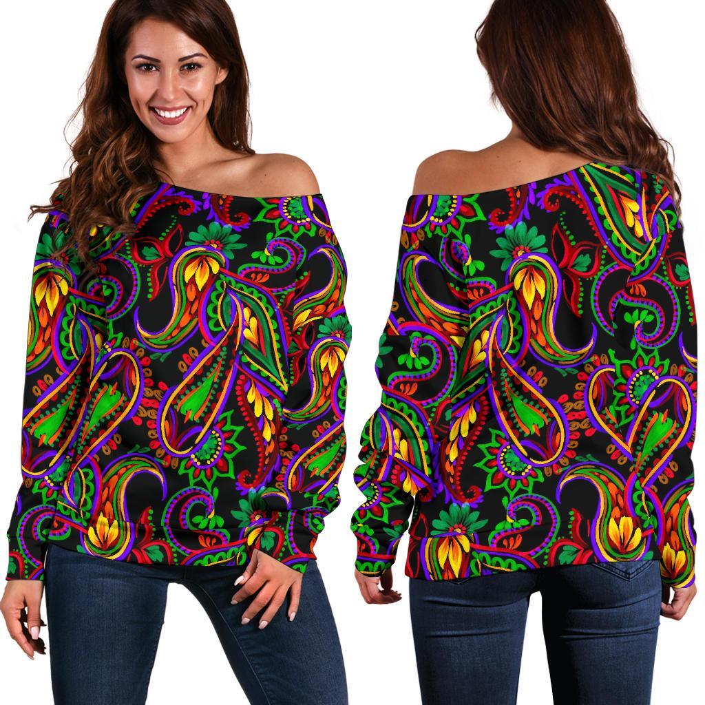 Dark Bohemian Paisley Pattern Print Women's Off-Shoulder Sweatshirt