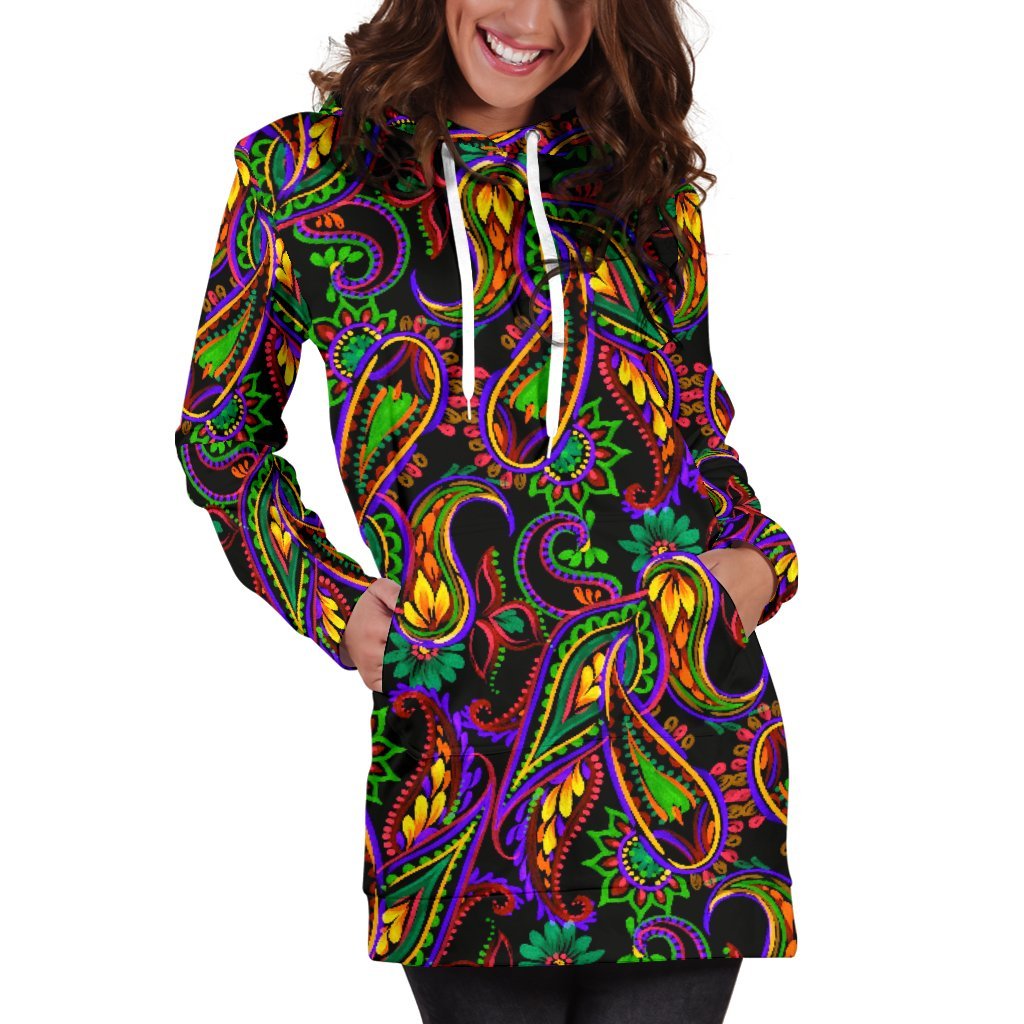 Dark Bohemian Paisley Pattern Print Women's Pullover Hoodie Dress