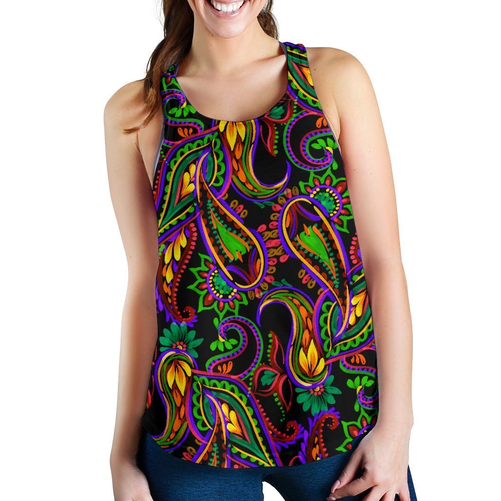 Dark Bohemian Paisley Pattern Print Women's Racerback Tank Top