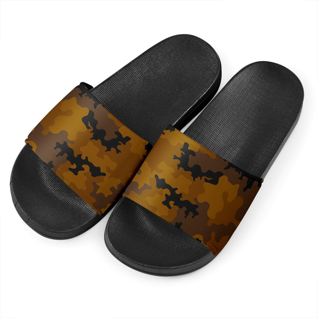 Dark Brown Camouflage Print Black Slide Sandals