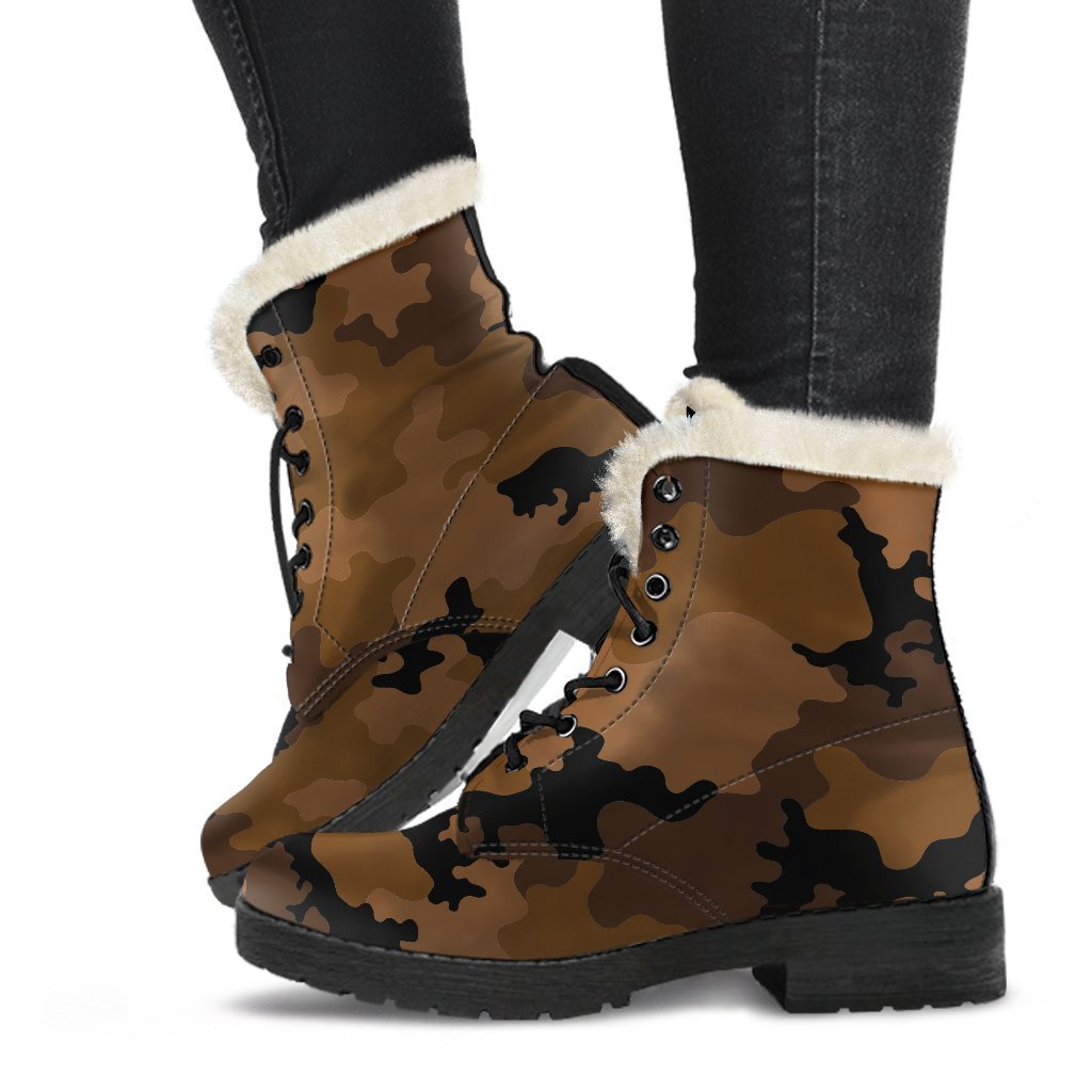 Dark Brown Camouflage Print Faux Fur Leather Boots