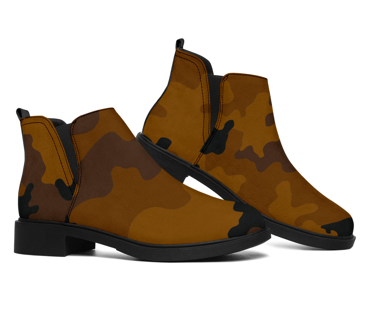 Dark Brown Camouflage Print Flat Ankle Boots