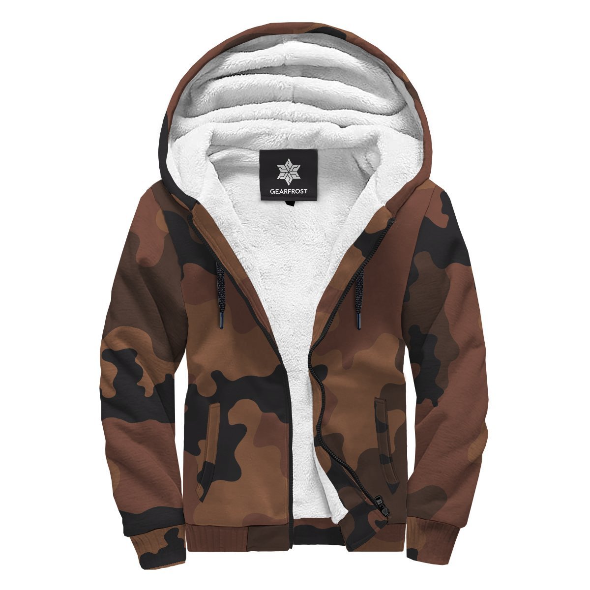 Dark Brown Camouflage Print Sherpa Lined Fleece Hoodie