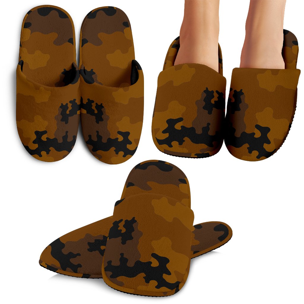 Dark Brown Camouflage Print Slippers