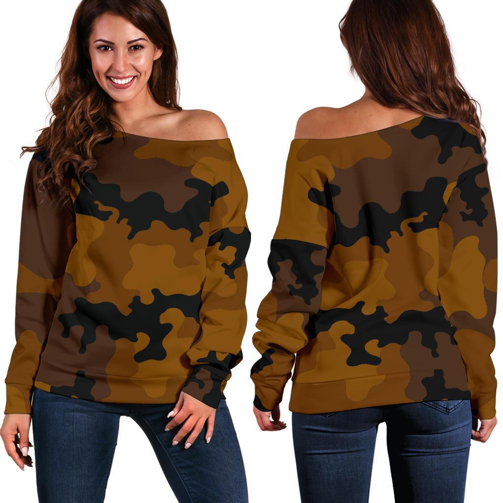 Dark Brown Camouflage Print Women's Off-Shoulder Sweatshirt