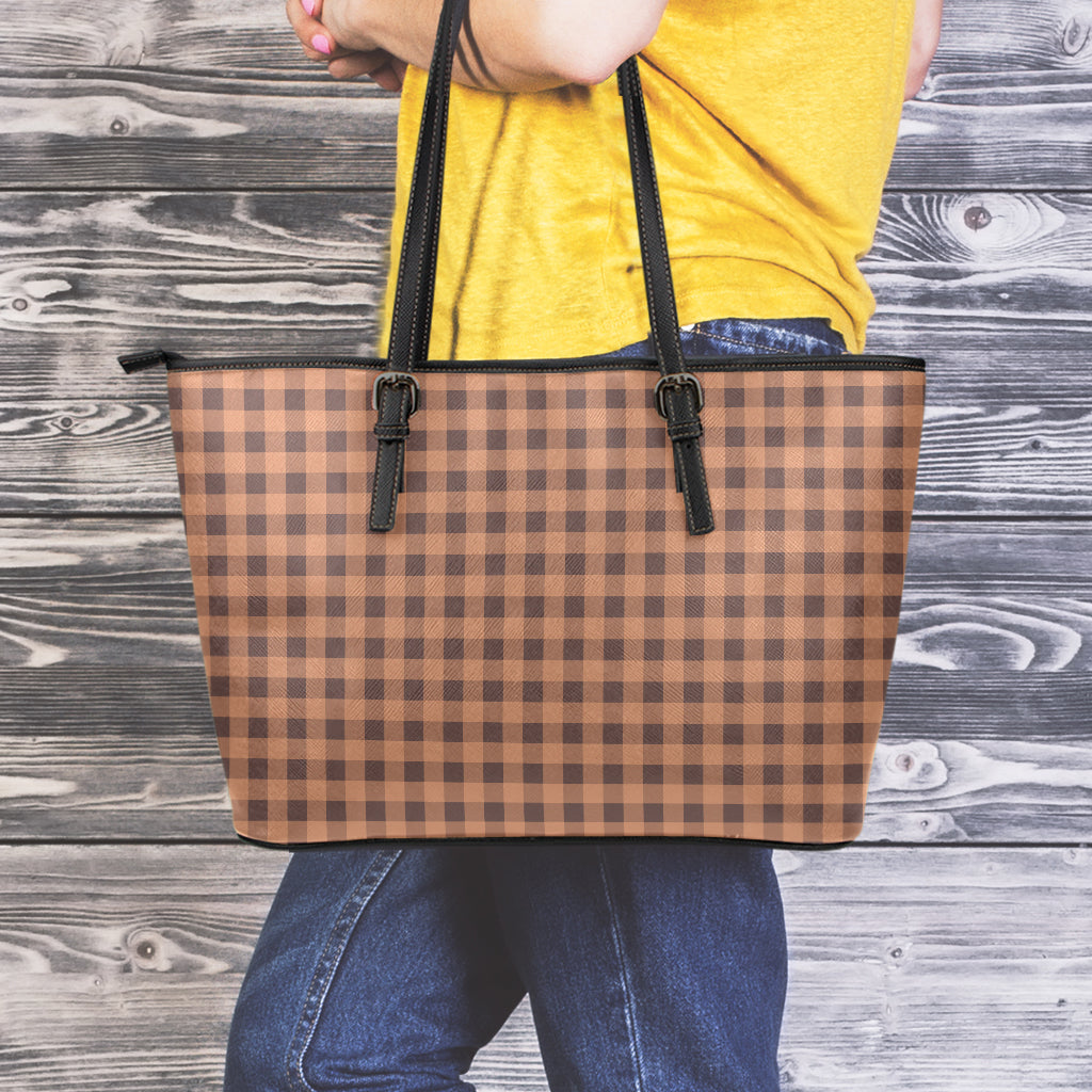 Dark Brown Check Pattern Print Leather Tote Bag