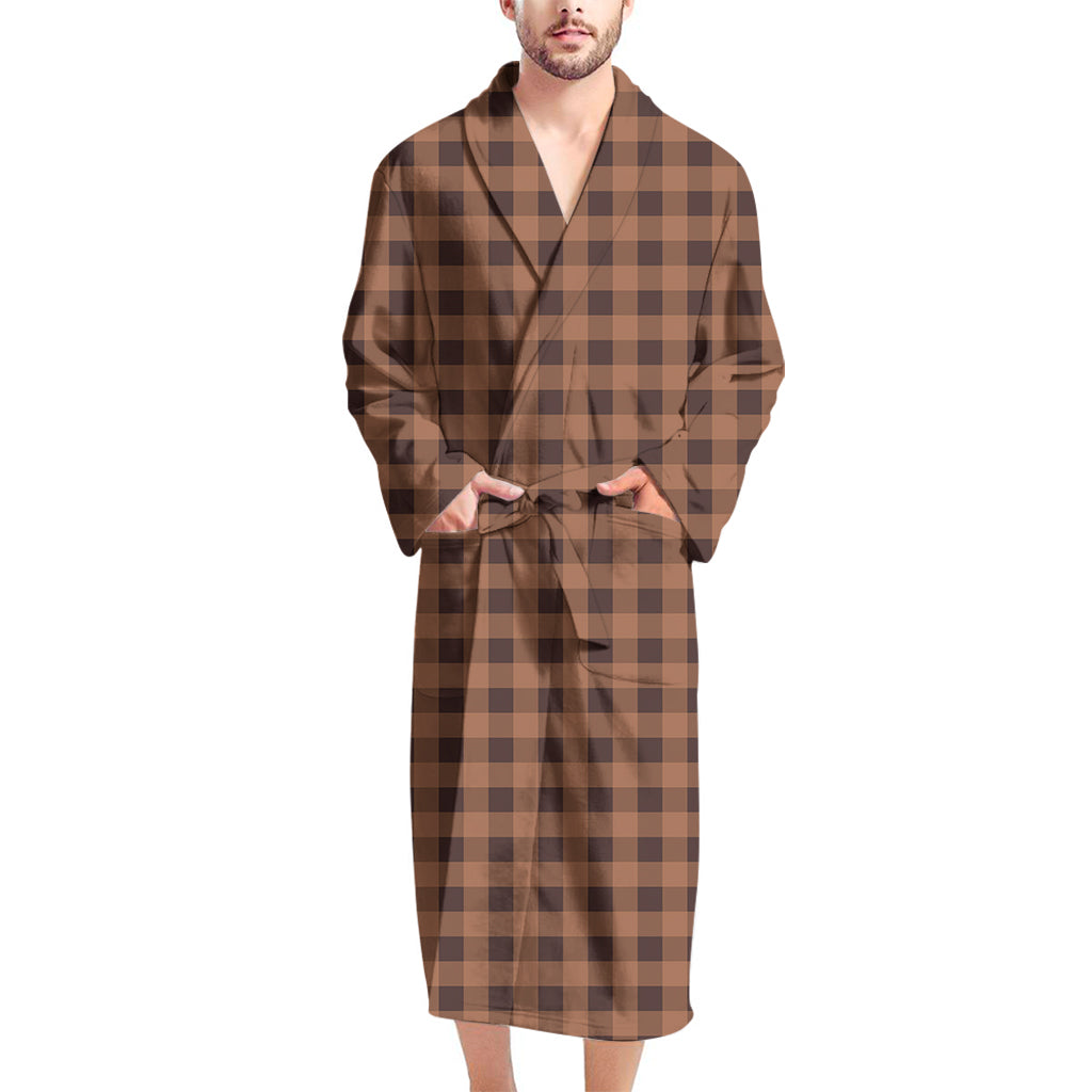 Dark Brown Check Pattern Print Men's Bathrobe