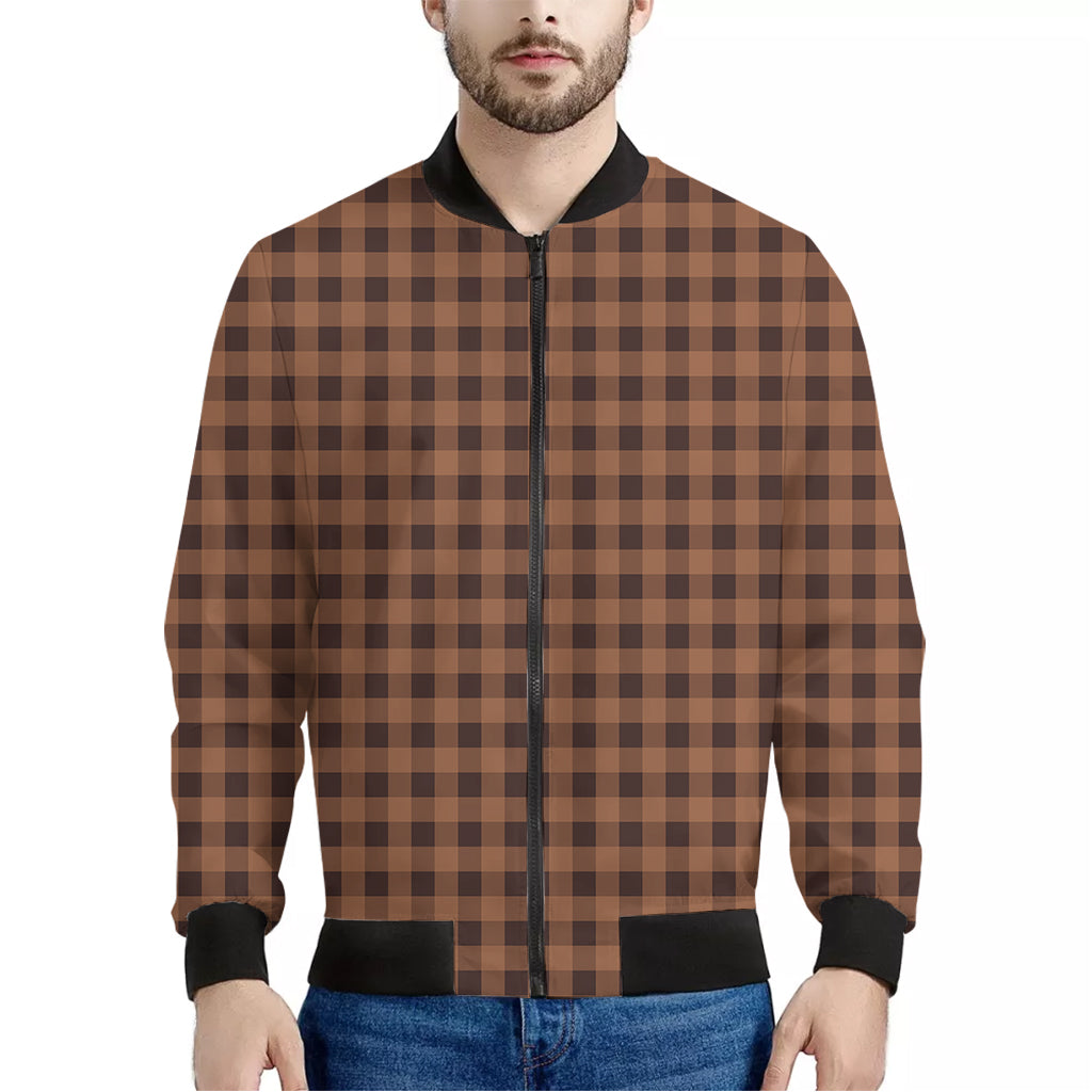 Dark Brown Check Pattern Print Men's Bomber Jacket