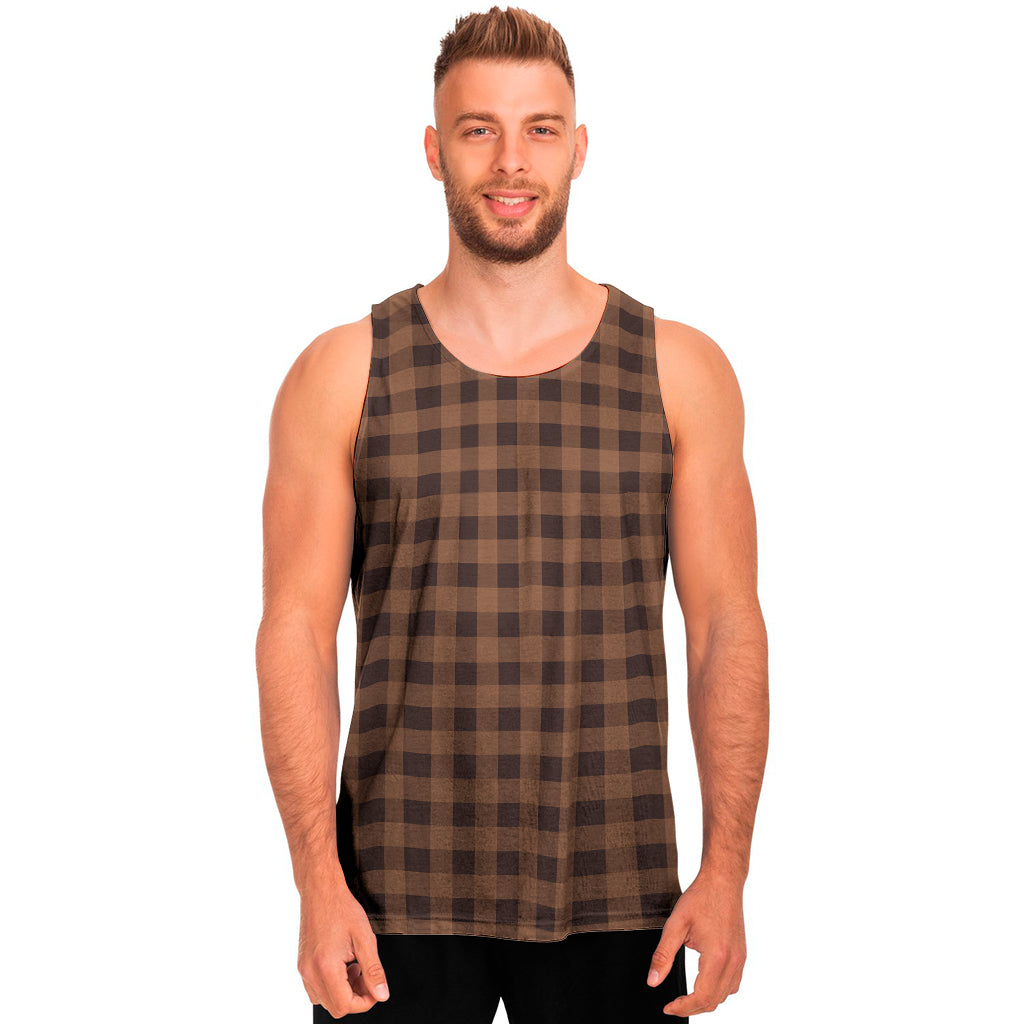 Dark Brown Check Pattern Print Men's Tank Top