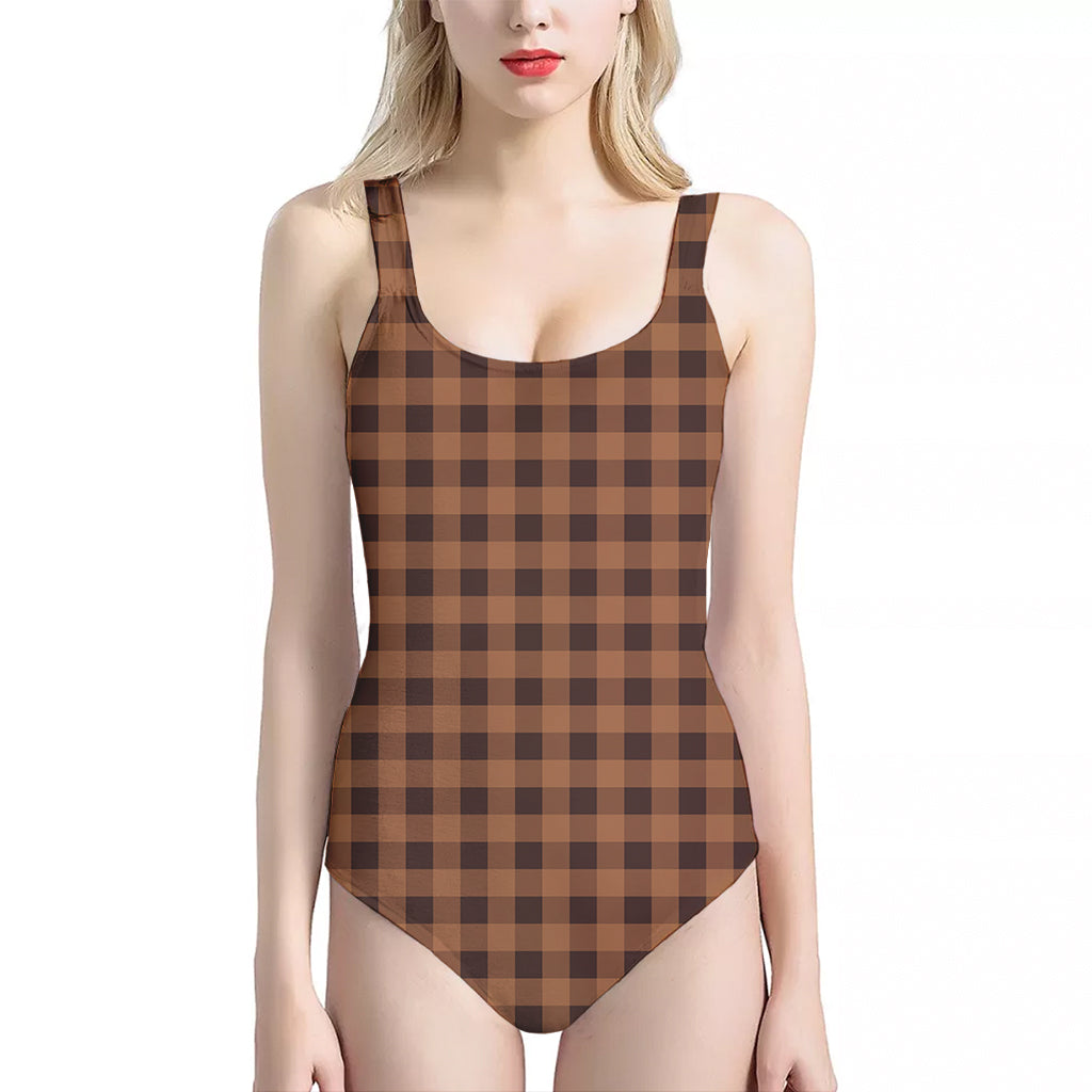 Dark Brown Check Pattern Print One Piece Halter Neck Swimsuit