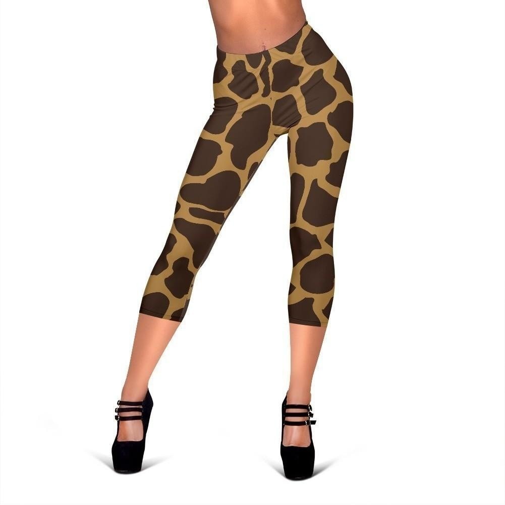 Dark Brown Cow Print Women's Capri Leggings