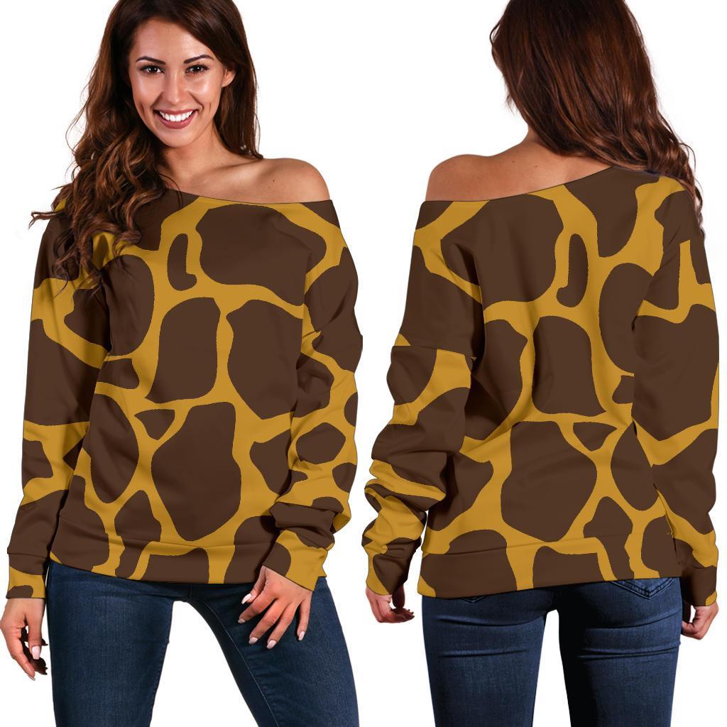 Dark Brown Cow Print Women's Off-Shoulder Sweatshirt