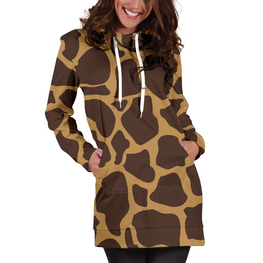 Dark Brown Cow Print Women's Pullover Hoodie Dress