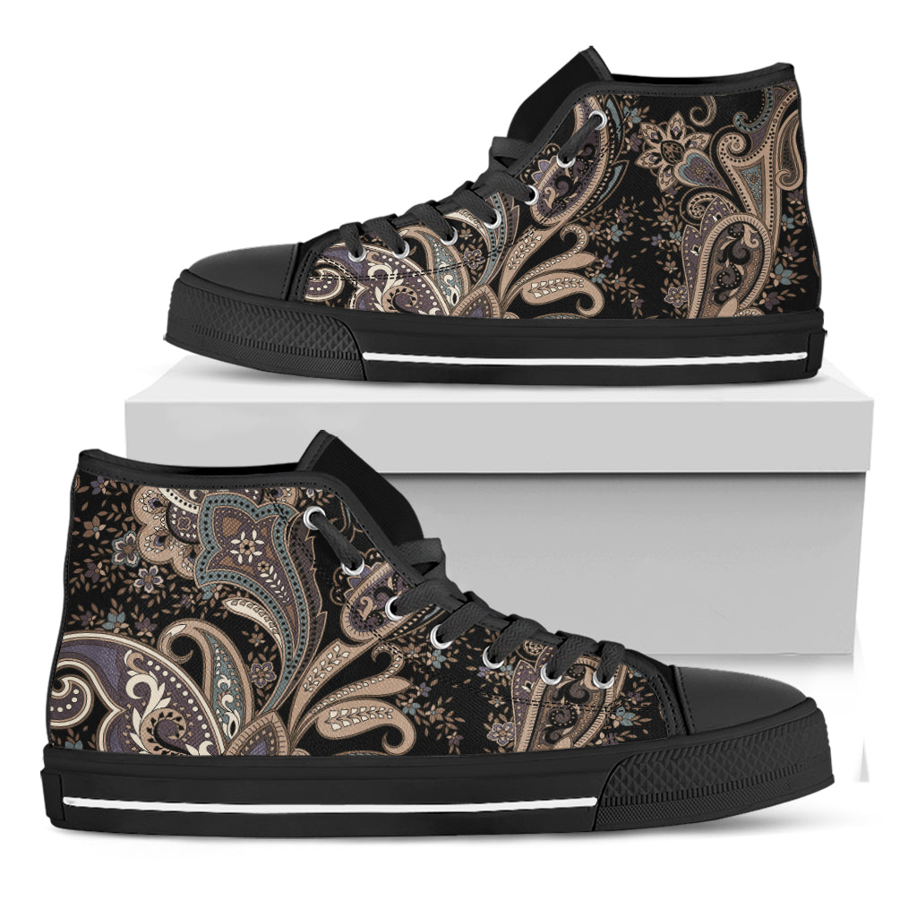 Dark Brown Paisley Pattern Print Black High Top Shoes