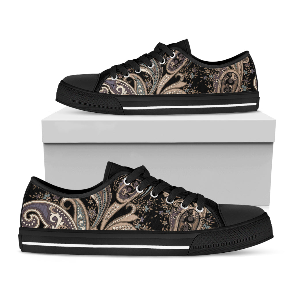 Dark Brown Paisley Pattern Print Black Low Top Shoes