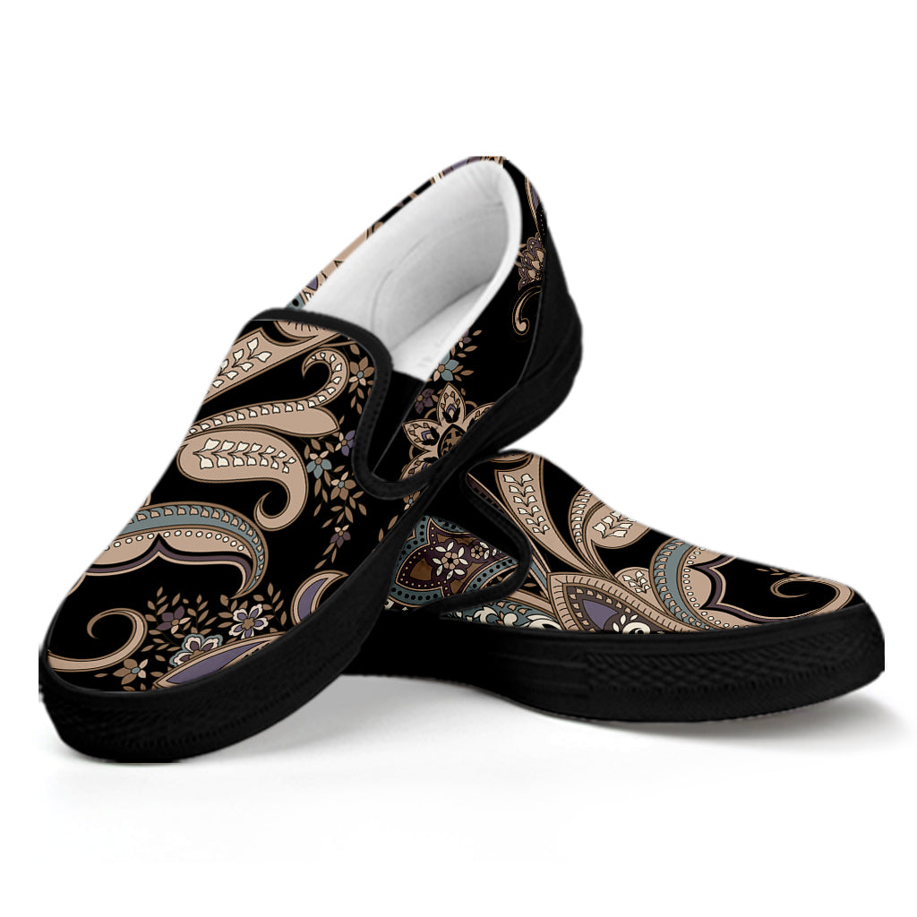 Dark Brown Paisley Pattern Print Black Slip On Shoes