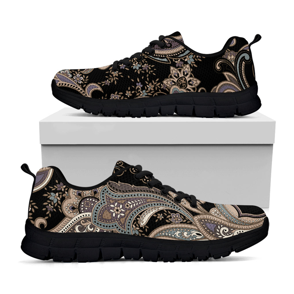 Dark Brown Paisley Pattern Print Black Sneakers