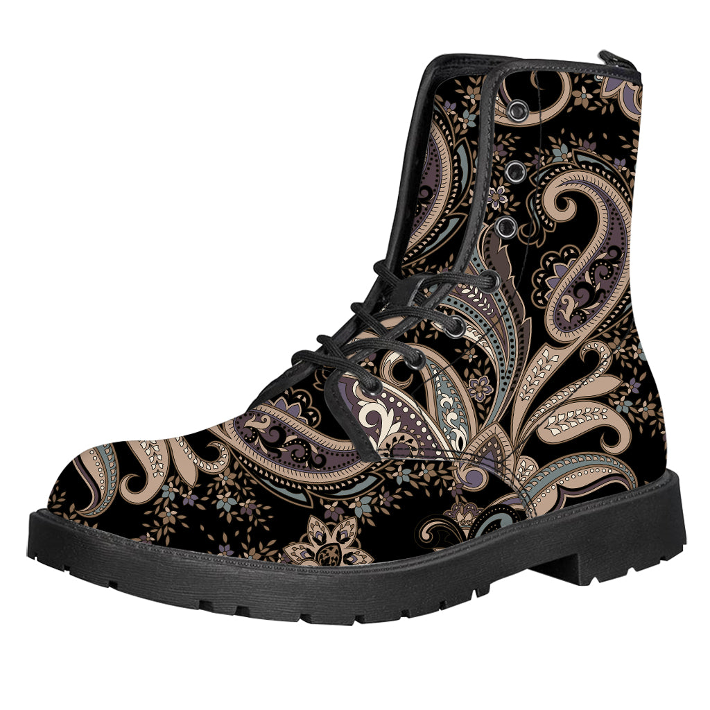 Dark Brown Paisley Pattern Print Leather Boots