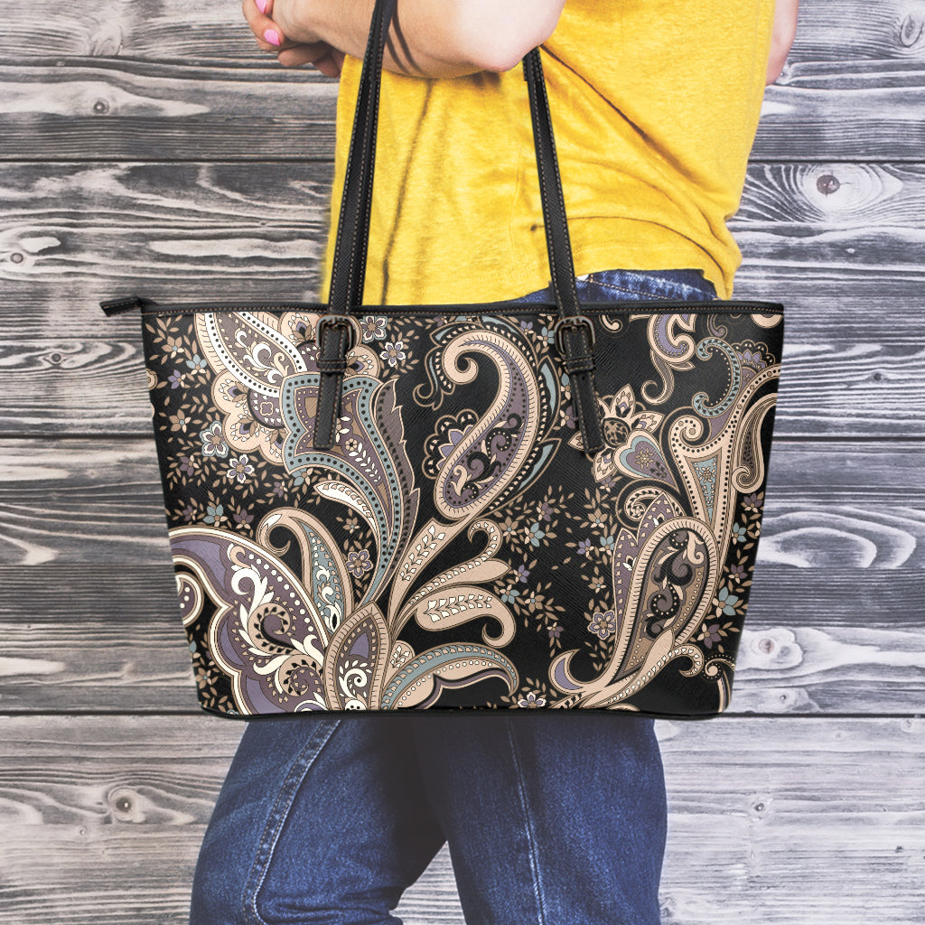 Dark Brown Paisley Pattern Print Leather Tote Bag