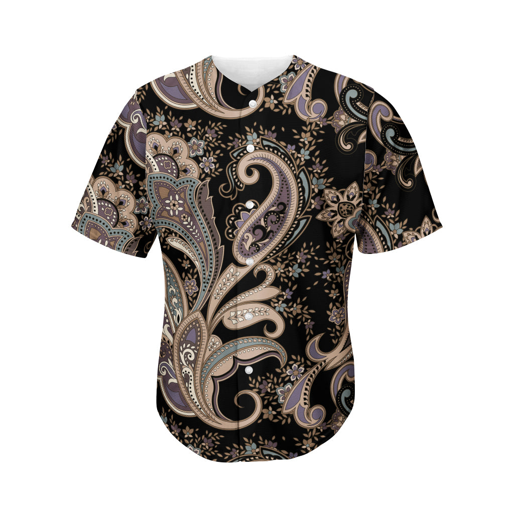 Dark Brown Paisley Pattern Print Men's Baseball Jersey