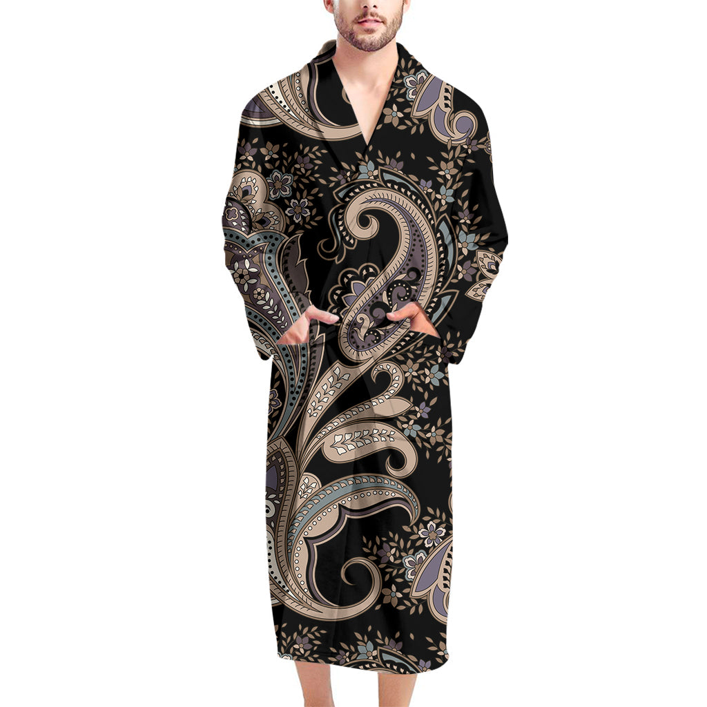 Dark Brown Paisley Pattern Print Men's Bathrobe