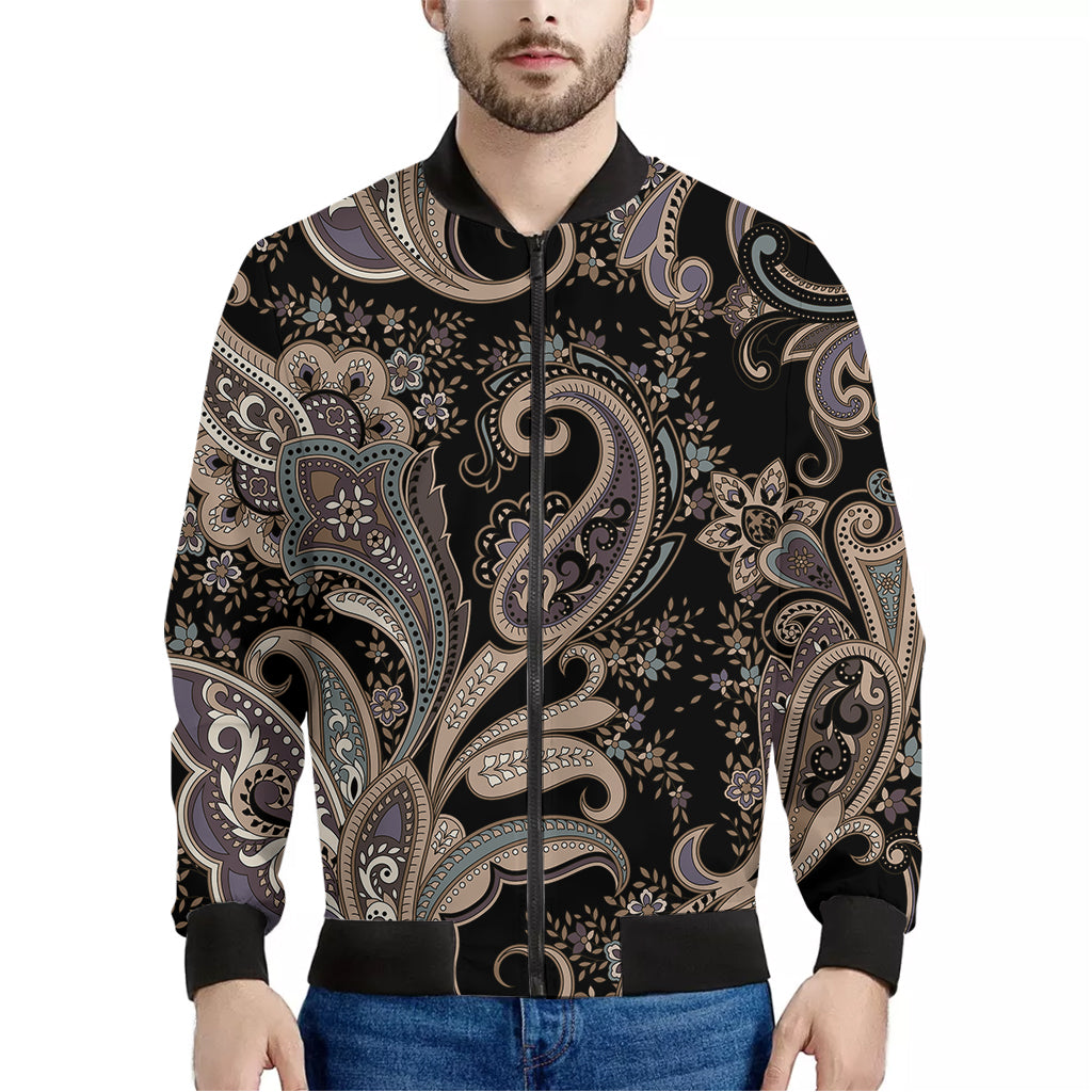 Dark Brown Paisley Pattern Print Men's Bomber Jacket