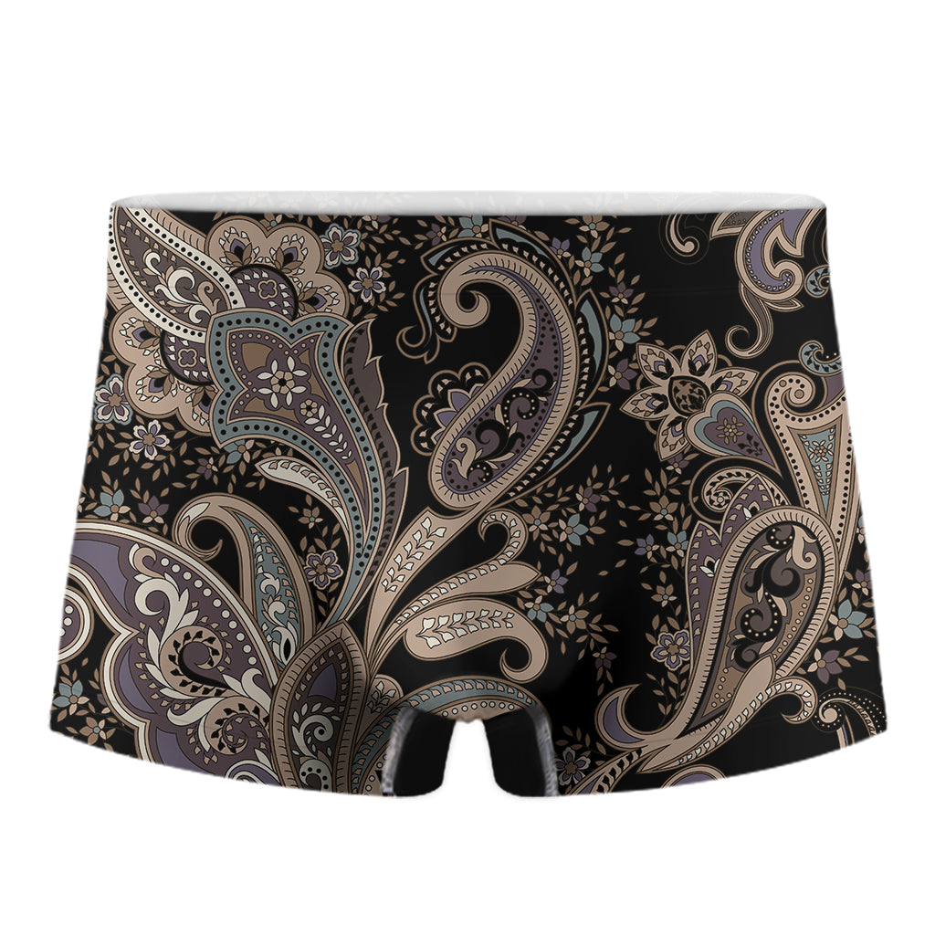 Dark Brown Paisley Pattern Print Men's Boxer Briefs