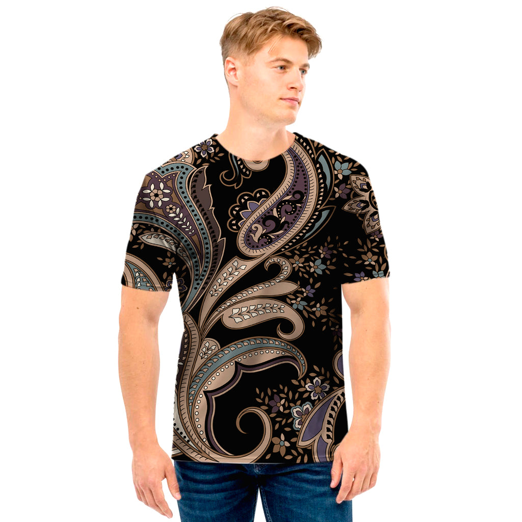 Dark Brown Paisley Pattern Print Men's T-Shirt