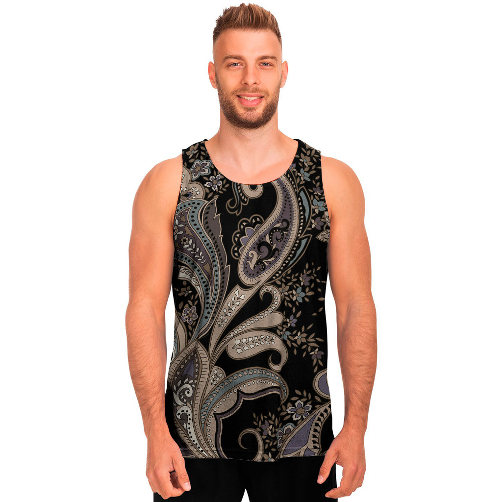 Dark Brown Paisley Pattern Print Men's Tank Top