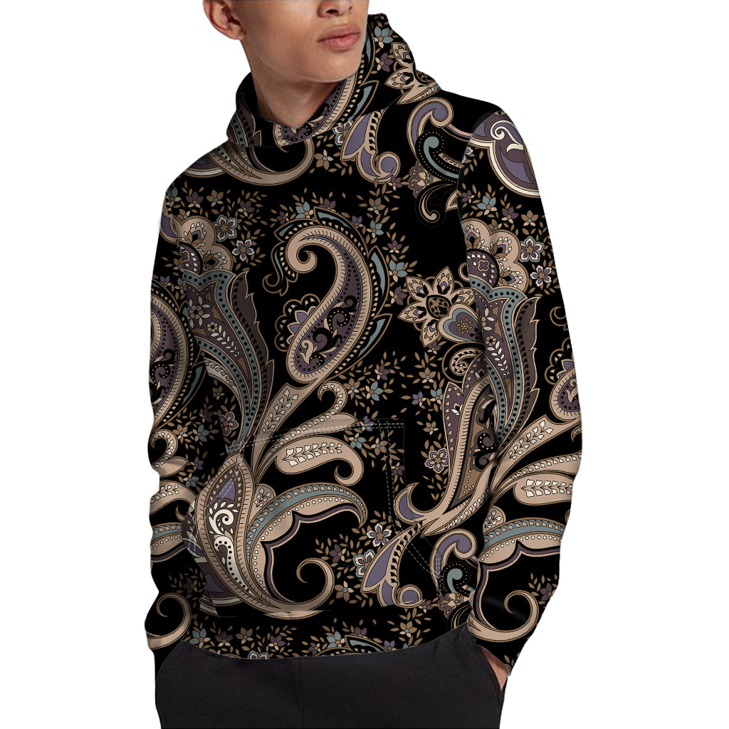 Dark Brown Paisley Pattern Print Pullover Hoodie